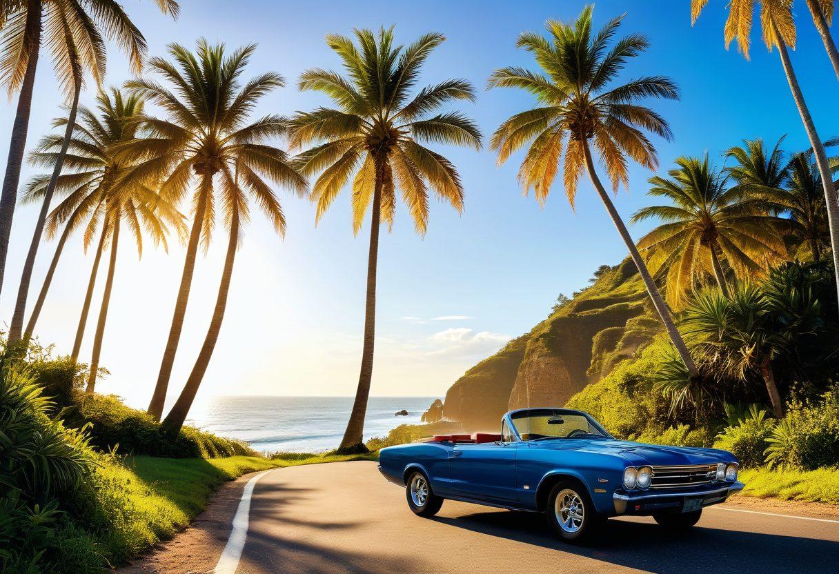 A scenic coastal highway with a vibrant blue ocean in the background, showcasing a stylish convertible car parked under a palm tree. Lush green landscapes and sandy beaches stretch along the road, while travelers are seen enjoying their beachside adventure with surfboards and picnic baskets. The sunlight casts a warm glow, enhancing the carefree atmosphere of the scene. super-realistic. vibrant colors. 3D.