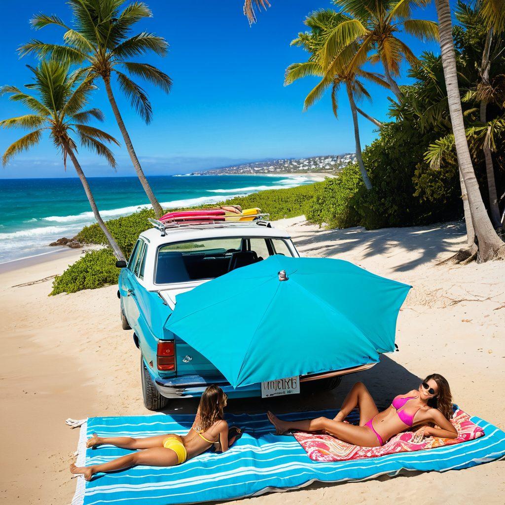 A sun-kissed beach scene featuring a diverse group of friends joyfully wearing colorful bikinis, lounging on beach towels. In the foreground, a stylish rental car parked beside them, with surfboards tied to the roof. Clear blue skies and gentle waves crashing in the background, inviting a feeling of summer bliss. Incorporate elements like palm trees and beach umbrellas for depth. vibrant colors. tropical style.