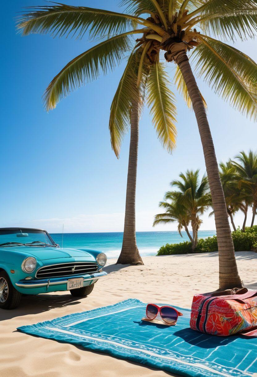 A tropical beach scene with a stylish bikini laid out on a sandy beach towel, next to a compact rental car parked under a palm tree. In the background, turquoise waves gently lap at the shore, and a bright sun shines in a clear blue sky. Elements like sunglasses, a beach ball, and a travel bag add to the vacation vibe. Create a vibrant and inviting atmosphere that conveys ease and relaxation. tropical illustration. vibrant colors.